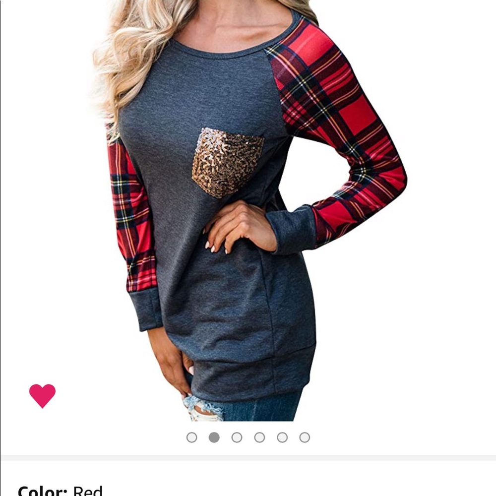 NEW PLAID SEQUIN POCKET Blouse - Picture 2 of 7